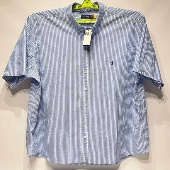 NWT $110 Polo Ralph Lauren Untucked Blue SS Button Shirt Crinkle Cotton Men 3XB - Picture 1 of 7